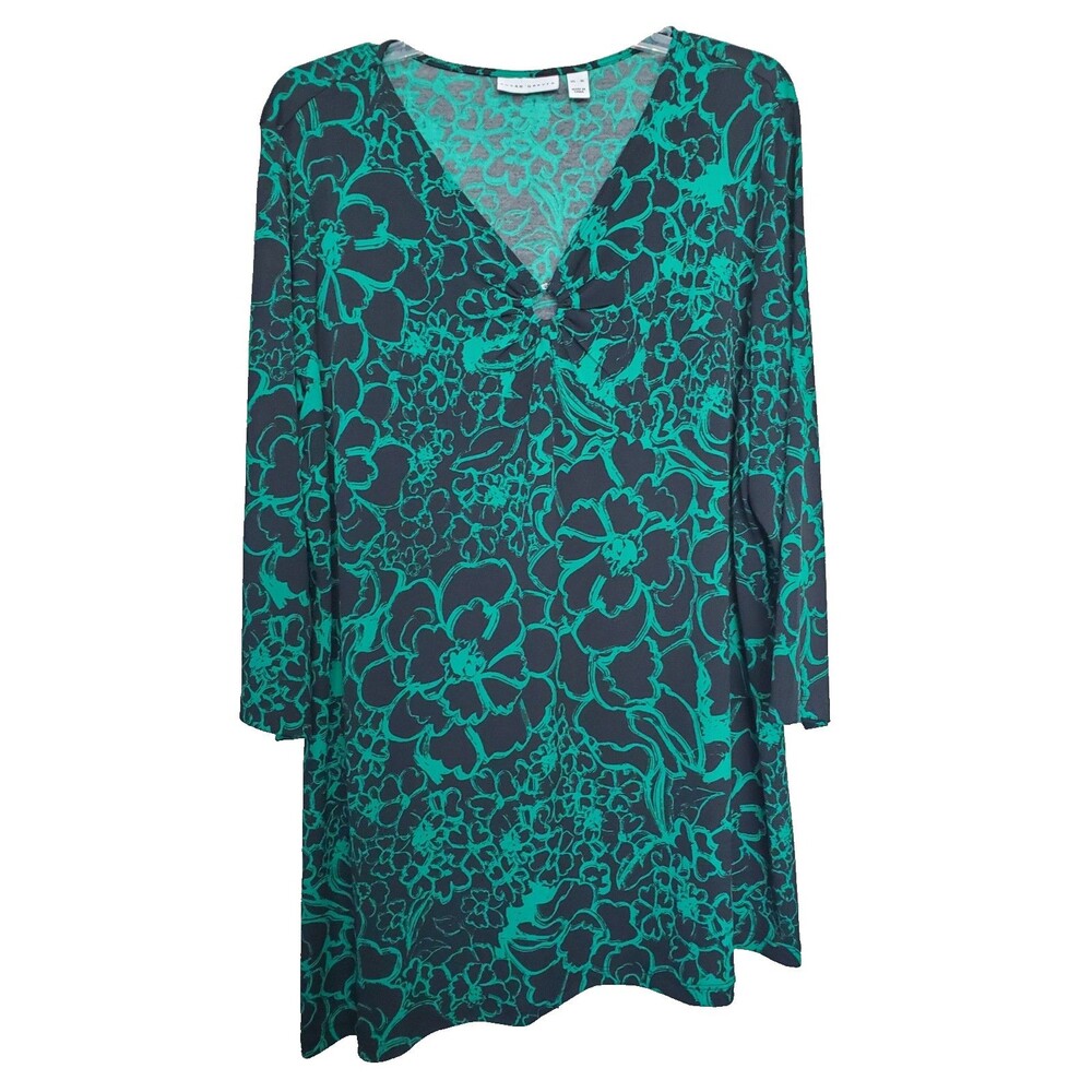 Susan Graver LiquidKnit Green Floral Angled Hem V-Neck Tunic Size XL